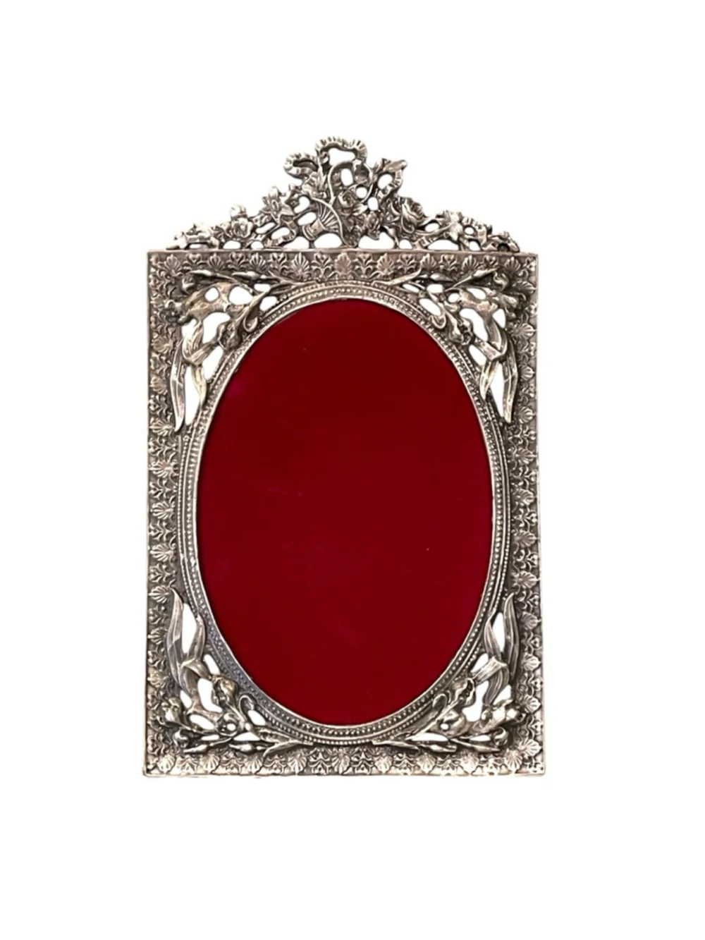 Vtg Pewter Picture Frame Ornate Filagree Floral Details Oval Inset Easel 3.5 x 5